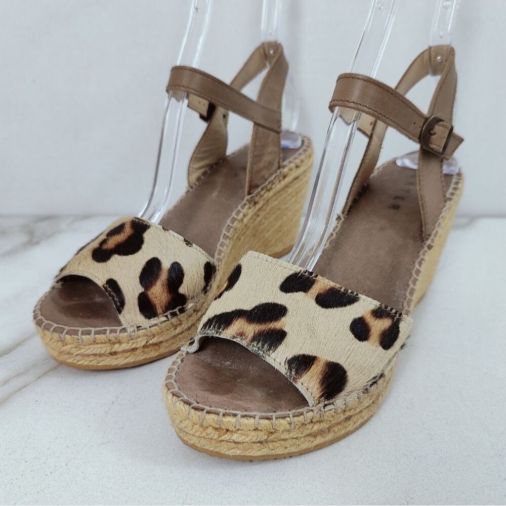 Foxter Spain Cow Hair Leopard Espadrille Platform Wedge Slingback Sandals, 7.5 - Picture 4 of 16